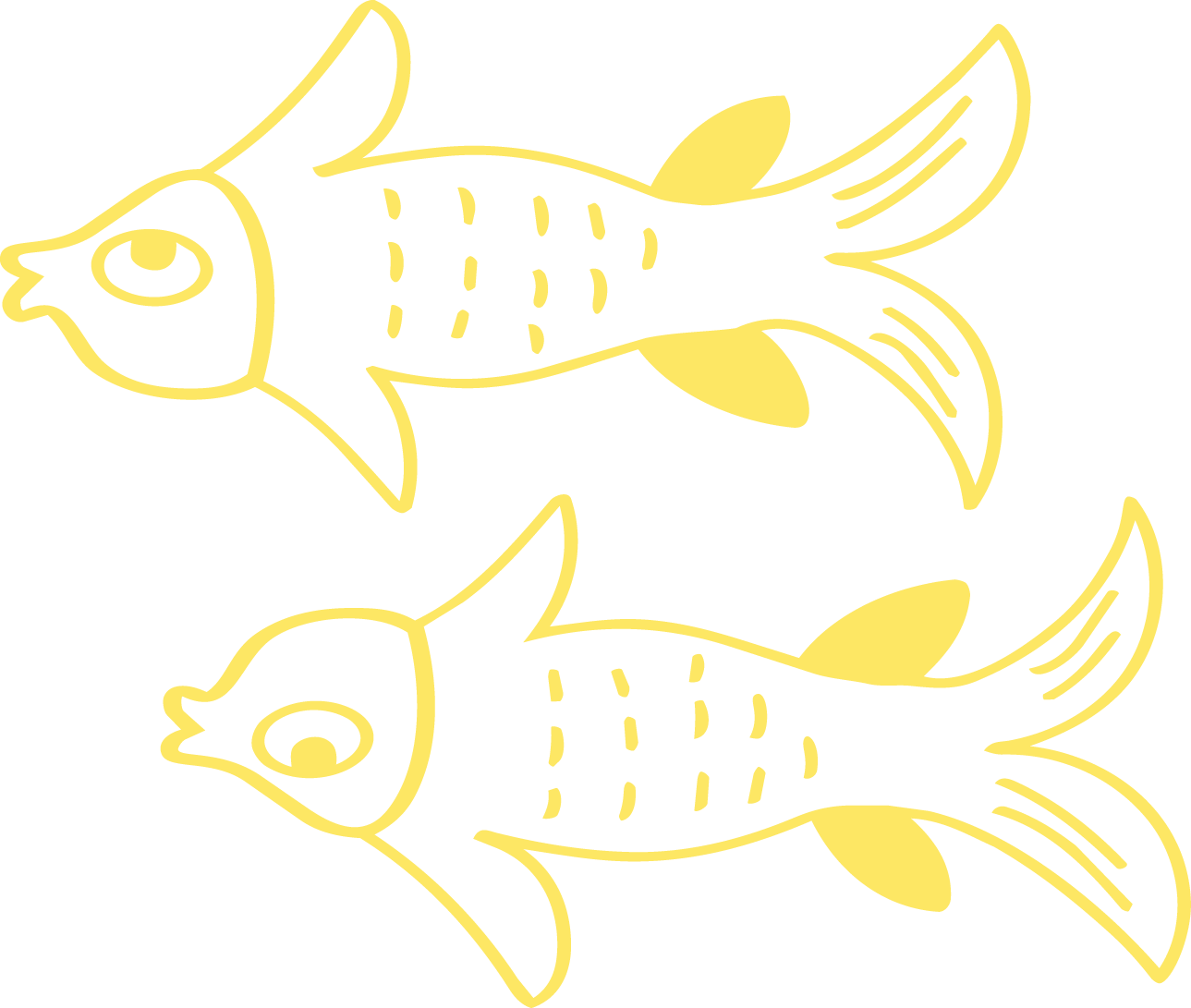 Two stylized yellow fish with black outlines and details facing opposite directions.