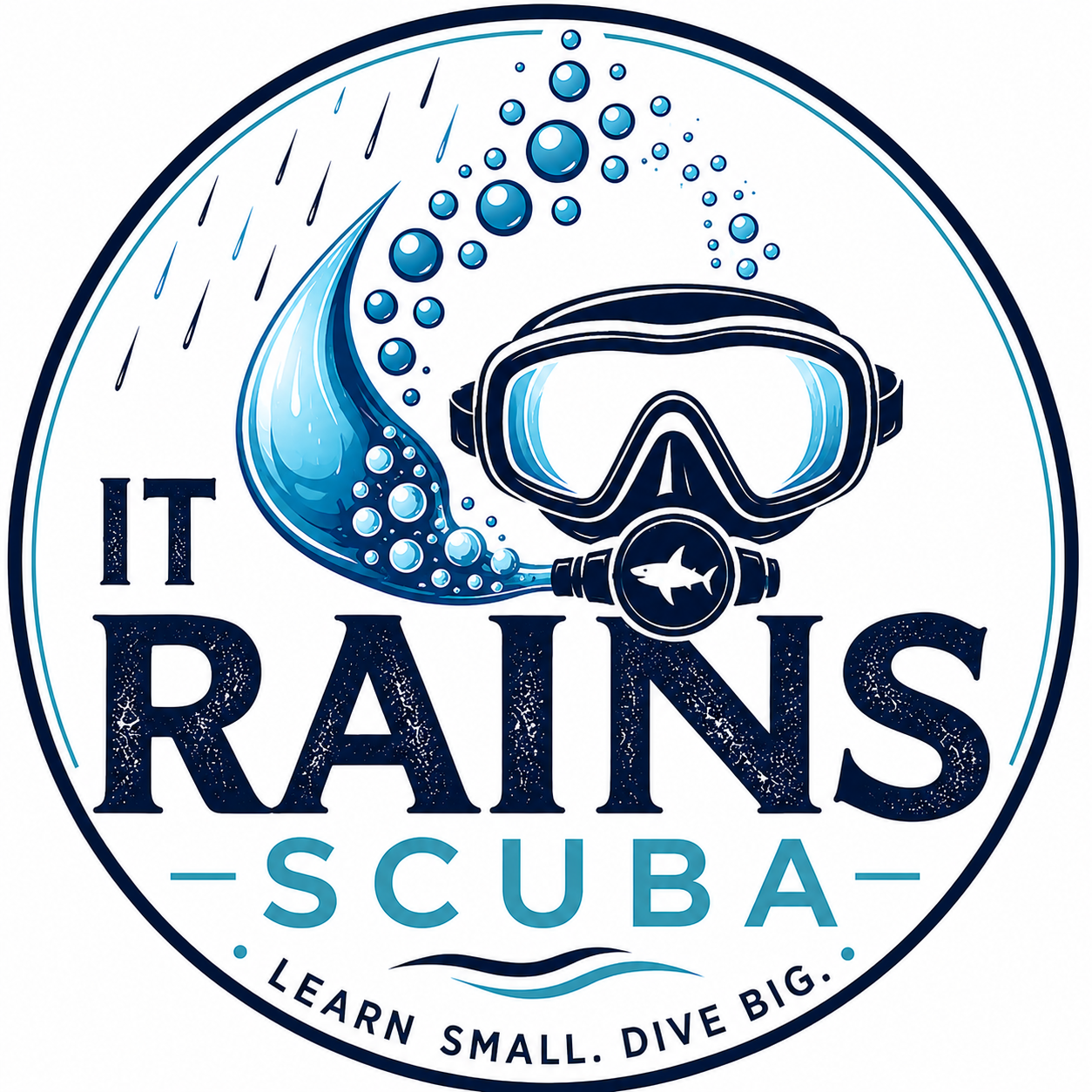 It Rains Scuba logo between colorful coral reef scenes