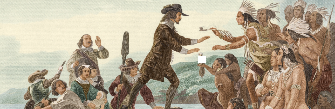 Historical painting of Europeans and Native Americans exchanging gifts and greeting each other on a shoreline, with mountains in the background.