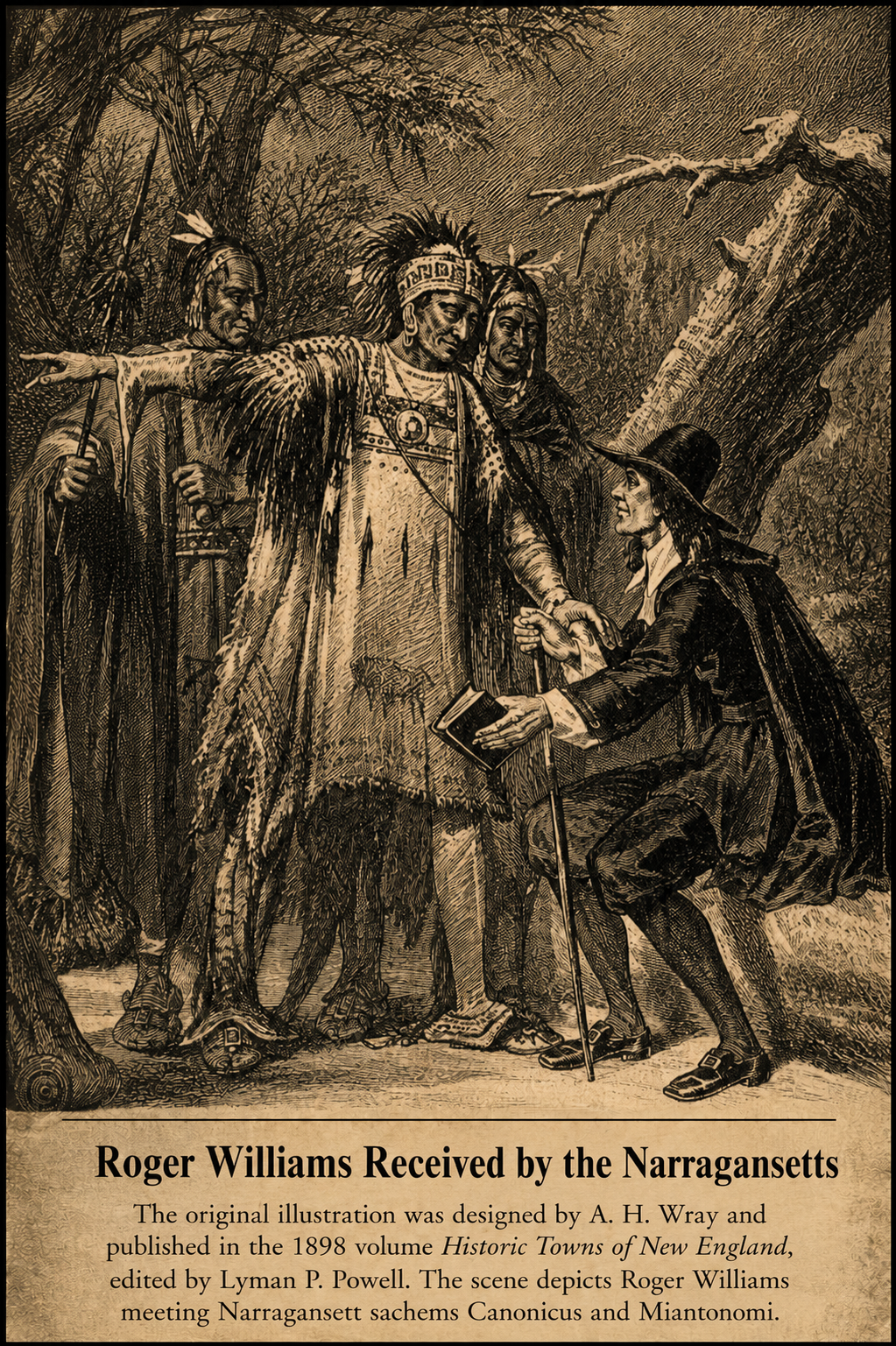 Historical illustration of Roger Williams receiving Sachems Narragansetts, with Native American leaders and a European settler depicted in a meeting in a wooded area.