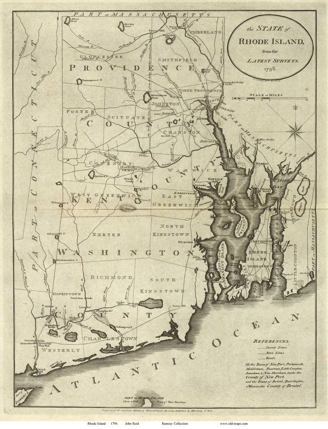 Historical map of Rhode Island from 1796 showing towns, roads, and geographical features, including lakes and coastlines of the Atlantic Ocean.