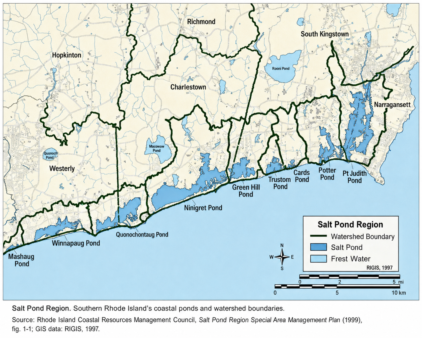 Map of southern Rhode Island showing salt ponds, freshwater ponds, and watershed boundaries. Notable salt ponds include Quonochontaug Pond, Winnapaug Pond, and Ninigret Pond, along the coastline with several other salt ponds inland. Watershed boundaries are marked with green lines and ponds are shaded blue. The map includes towns such as Westerly, Charlestown, South Kingstown, and Narragansett.
