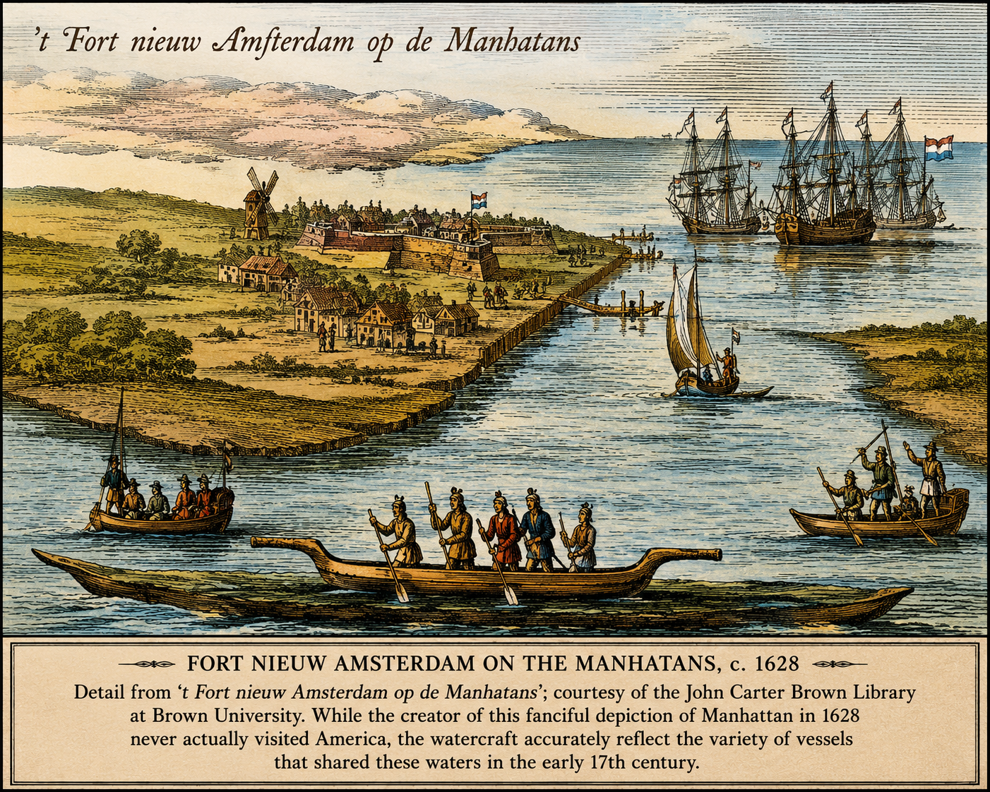 A historical illustration of Fort Nieuw Amsterdam on the Manhattan River near present-day New York City in 1628, showing several wooden ships and boats, a windmill, and a town with small buildings and trees.