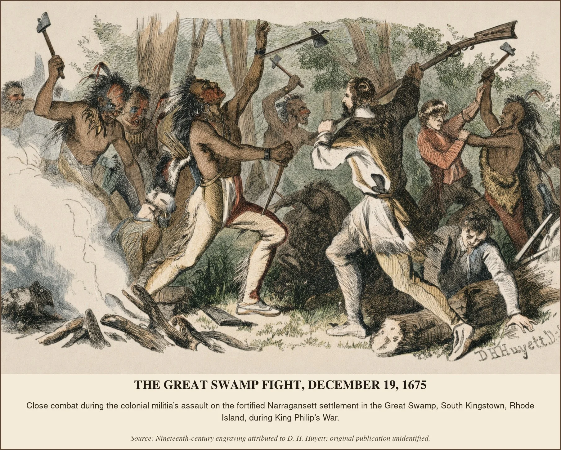 A detailed illustration depicting a close combat scene during King Philip's War on December 19, 1675, showing colonial militias fighting Native Americans in a wooded area with fallen trees and smoke.