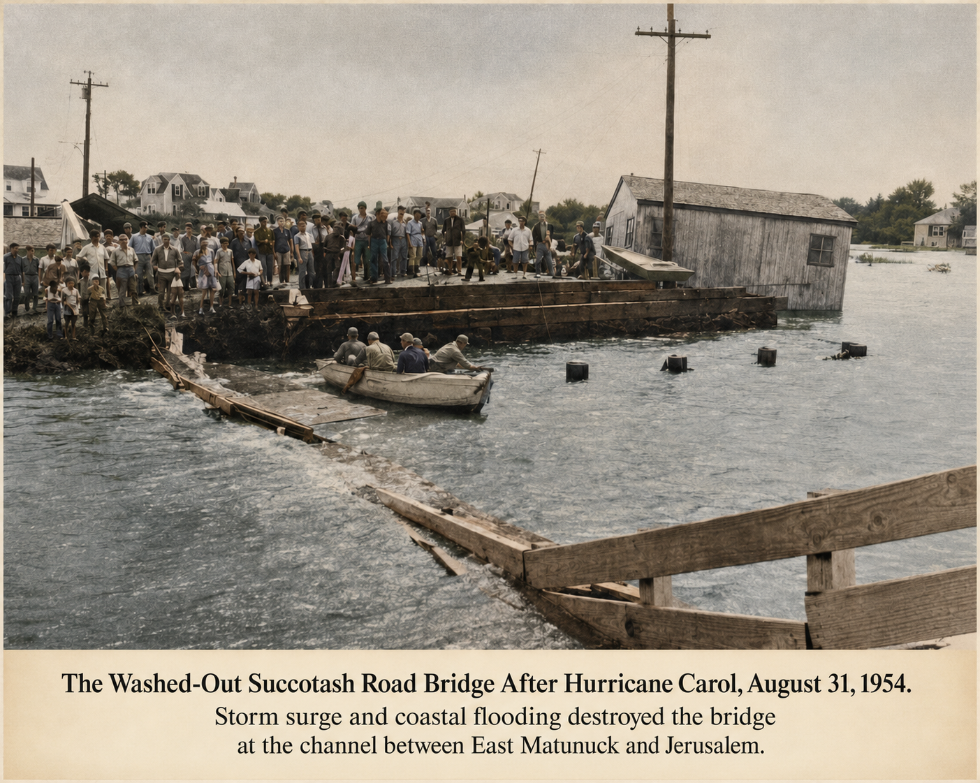 A large group of people gather on the shore near a destroyed wooden bridge and a damaged building, with rescue boats and responders in the water, following Hurricane Carol's storm surge and flooding on August 31, 1954, at the channel between East Matunuck and Jerusalem.