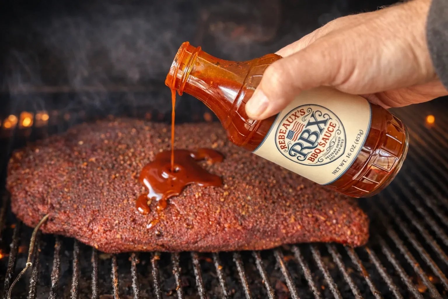A hand pouring barbecue sauce onto a piece of seasoned meat on a grill.