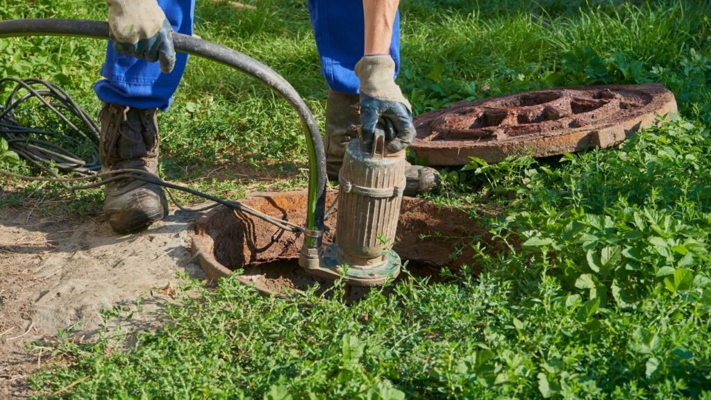 A worker is using a jackhammer to break or cut a large rusted metal pipe or structure on the ground, surrounded by green grass and plants.