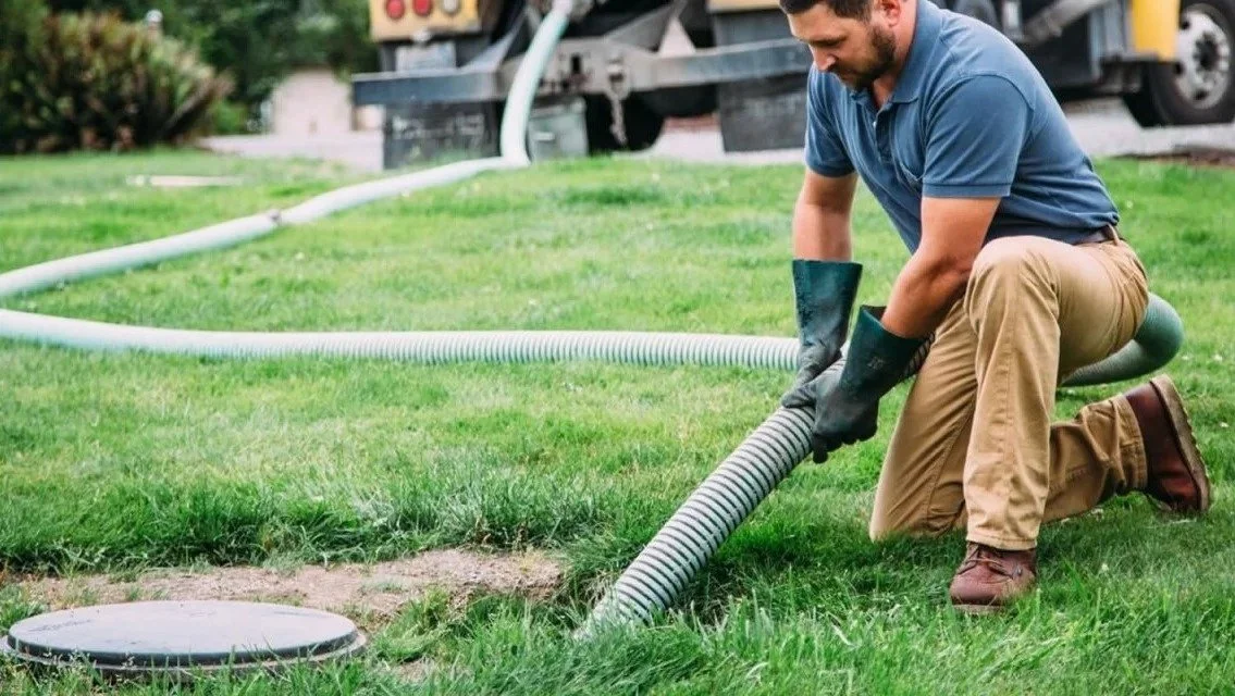 Man kneeling on the grass installing or repairing a large black and white flexible drainage pipe.