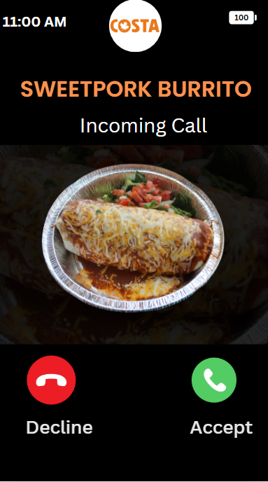 Incoming call screen showing a sweet pork burrito meal with a side salad from Costa.