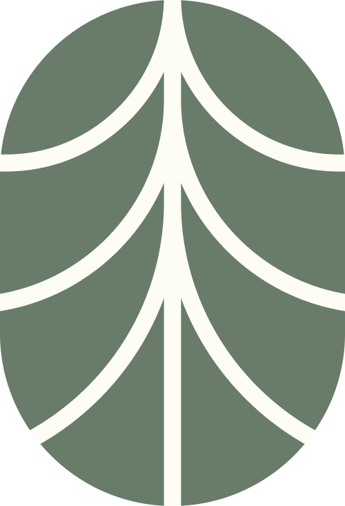 Stylized illustration of a leaf with a symmetrical pattern of white veins.