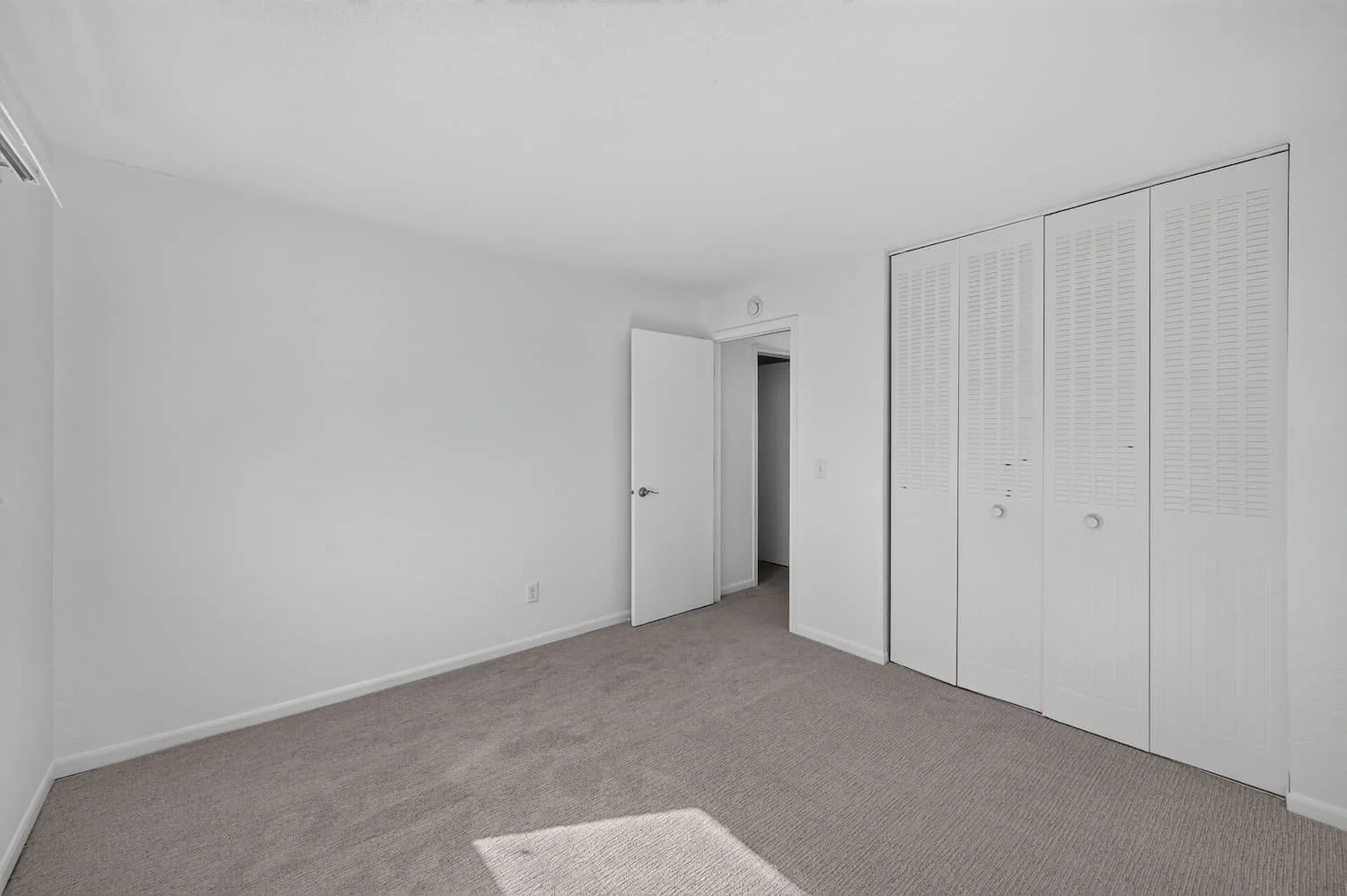 Empty room with beige carpet, white walls, open closet doors, and an open door leading to a hallway.