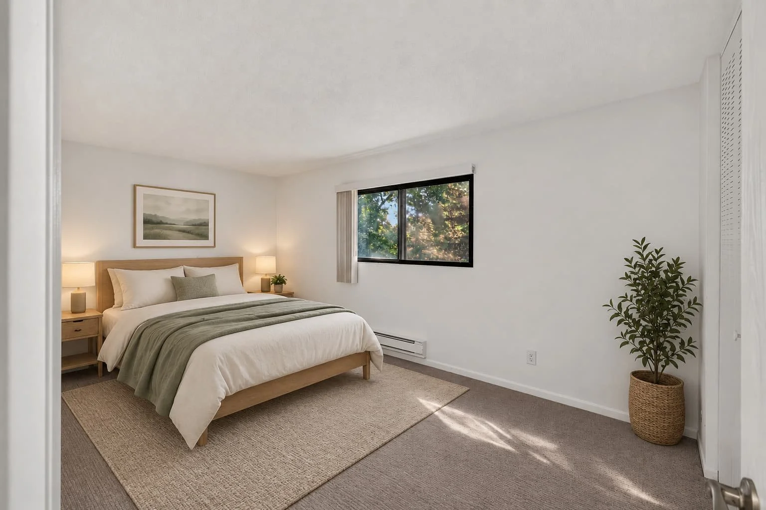 A bedroom with a wooden bed frame, white bedding, a green blanket and pillows, two nightstands with lamps and plants, a window with trees outside, and a potted plant in a basket.
