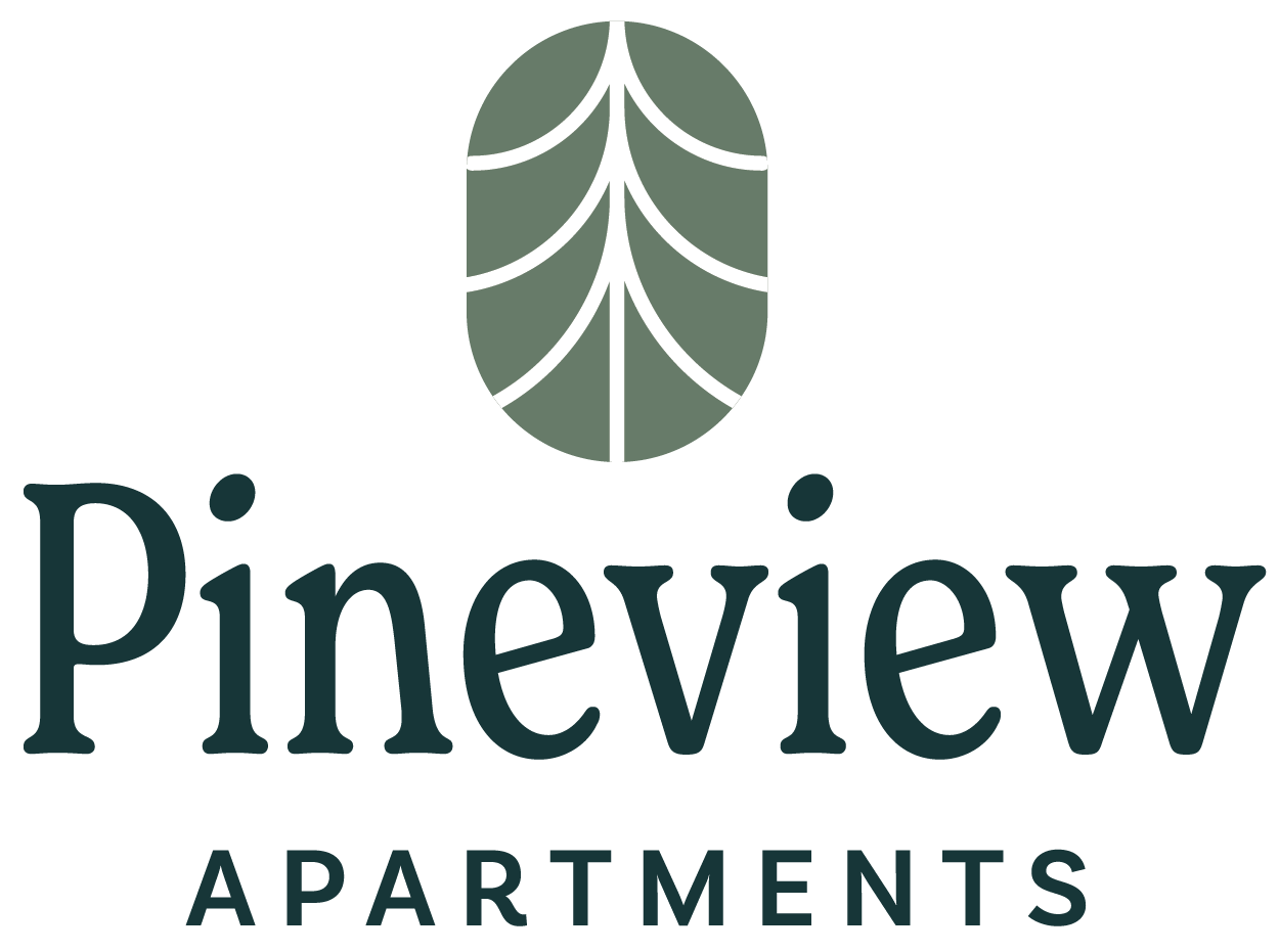 Pineview Apartments logo featuring a green pine needle design above the text 'Pineview Apartments' in dark teal.