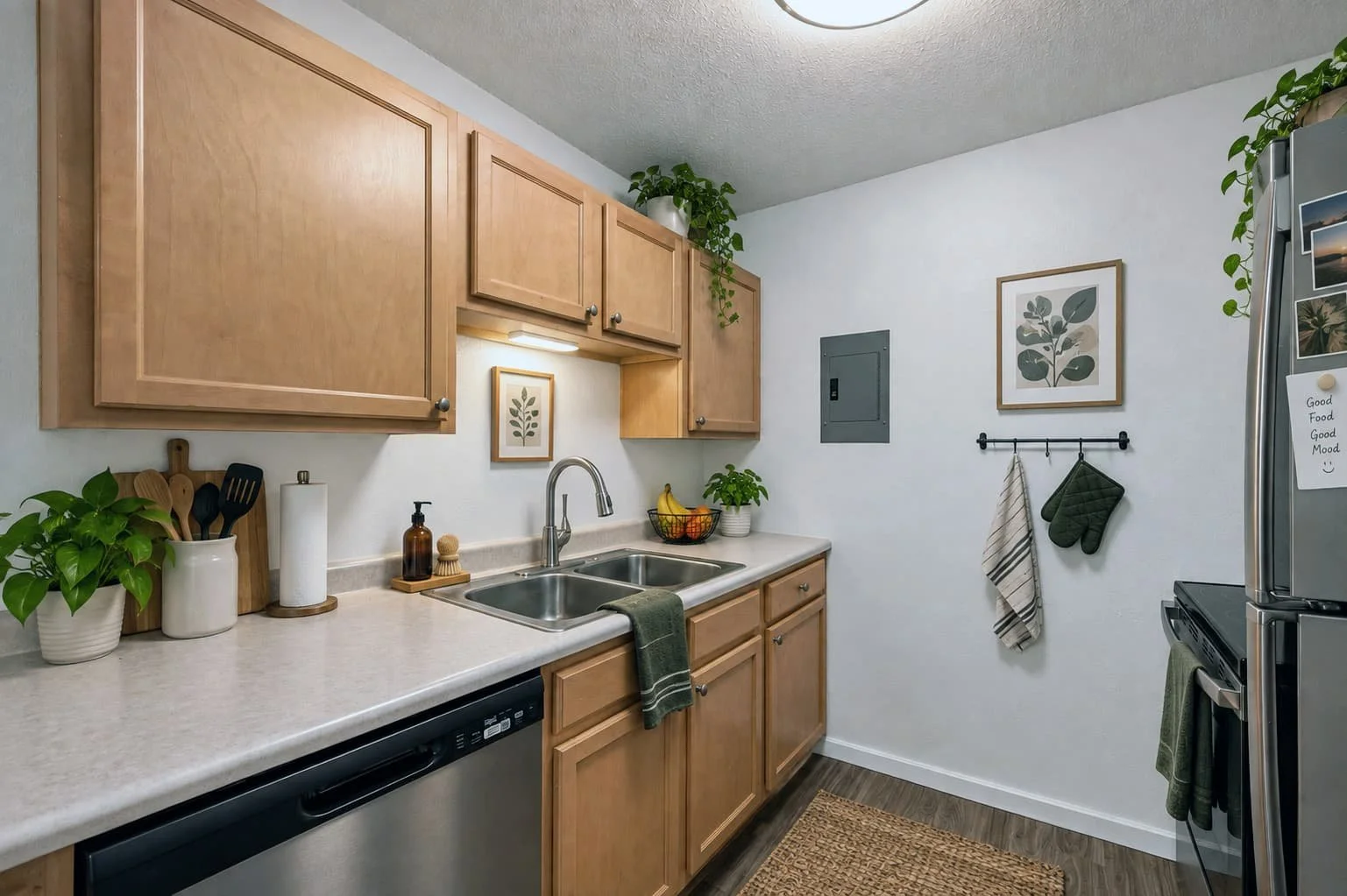 Small kitchen with light wood cabinets, white countertops, and a double sink. Decor includes potted plants, framed botanical prints, and kitchen utensils. Appliances include a dishwasher and a refrigerator with notes attached. Towel rails have hanging towels and oven mitts.