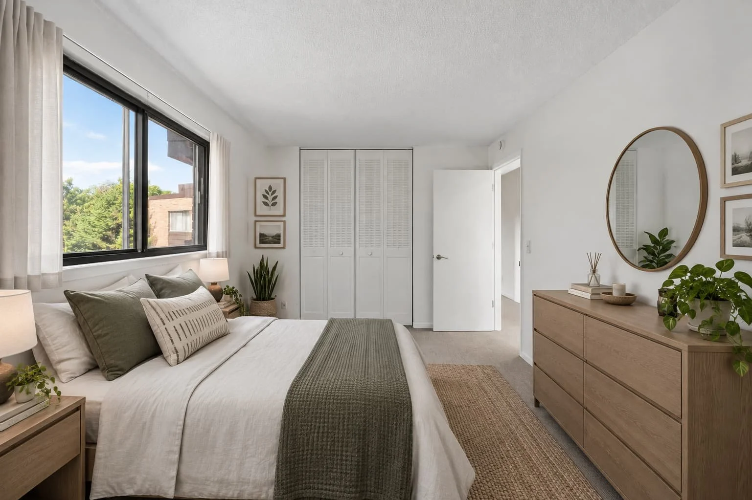 A bedroom with a large window, a bed with neutral-colored pillows and a textured green blanket, a wooden dresser with decorative items, plants, and a round mirror, and a closet with white louvered doors.