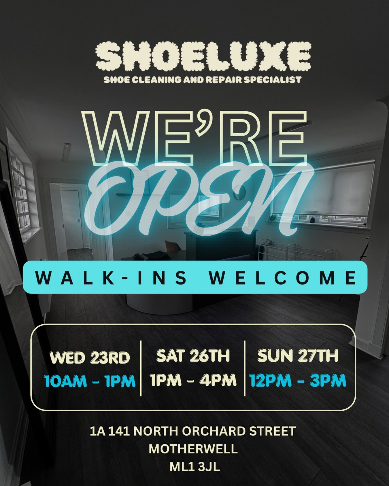 OUR OPENING HOURS THIS WEEK ARE NOW LIVE ✅ 

Pop by and get your shoes and bags cleaned 👋 

Walk ins welcome :) 

&ldquo;&rdquo; We can still collect shoes out with working hours &ldquo;&rdquo;

#smallbusiness #motherwell