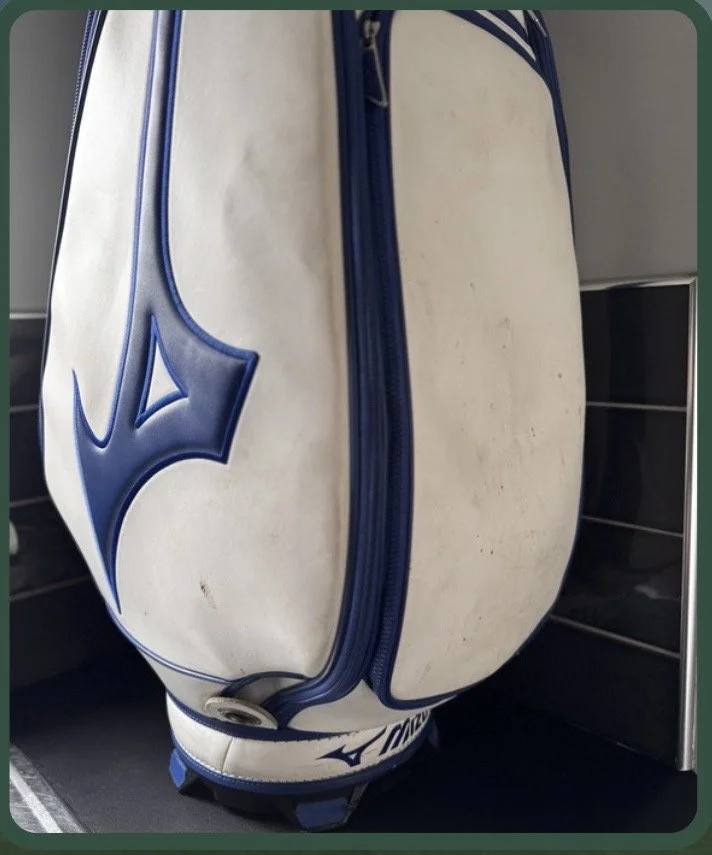 A white and blue sports bag with a zipper, placed on a surface near a shelf.