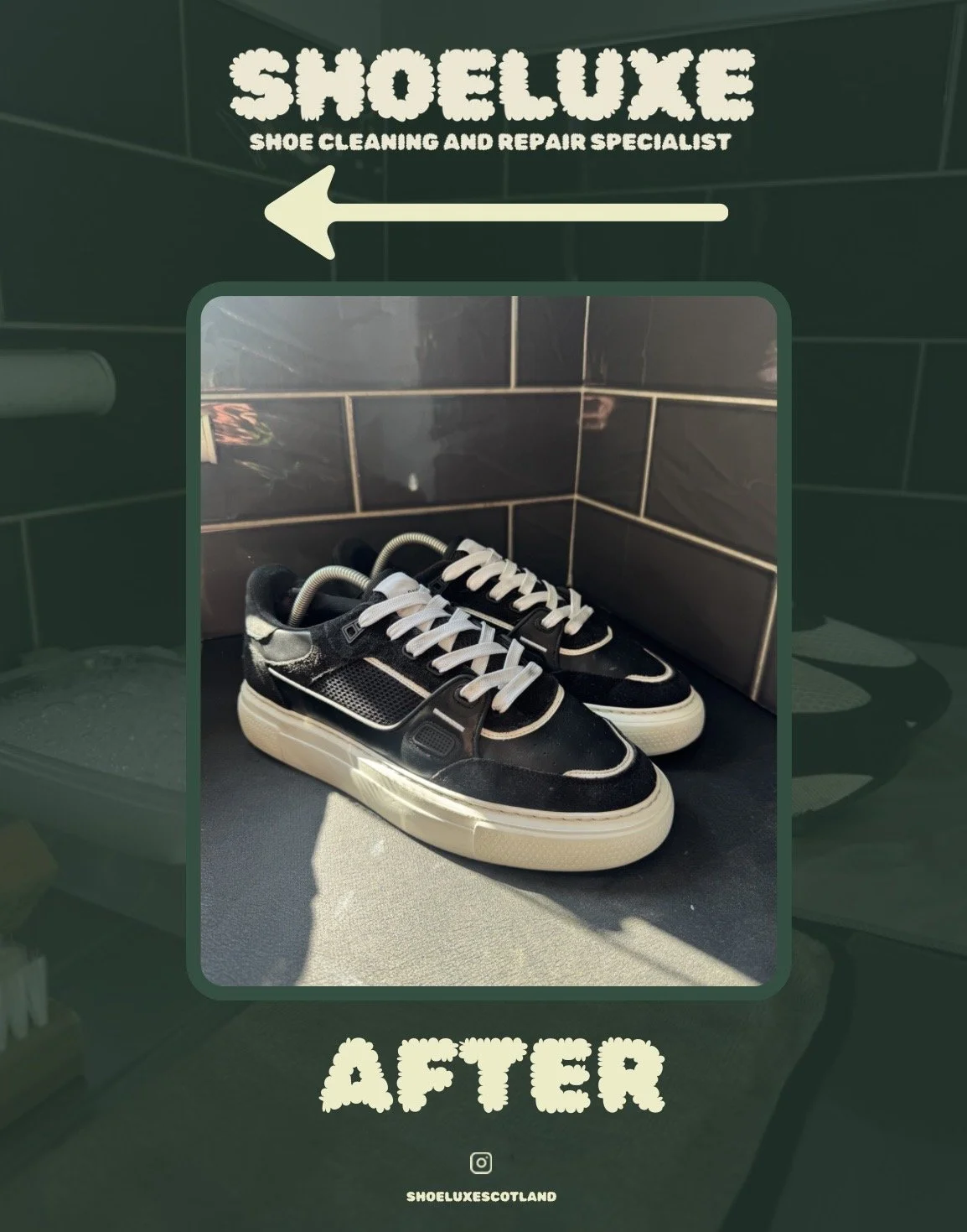 Pair of black and white sneakers with white laces on a dark surface, against a black tiled wall. The image is framed with a green border, and at the top, there is text that reads "SHOE LUXE" with a subtitle "SHOE CLEANING AND REPAIR SPECIALIST" and a