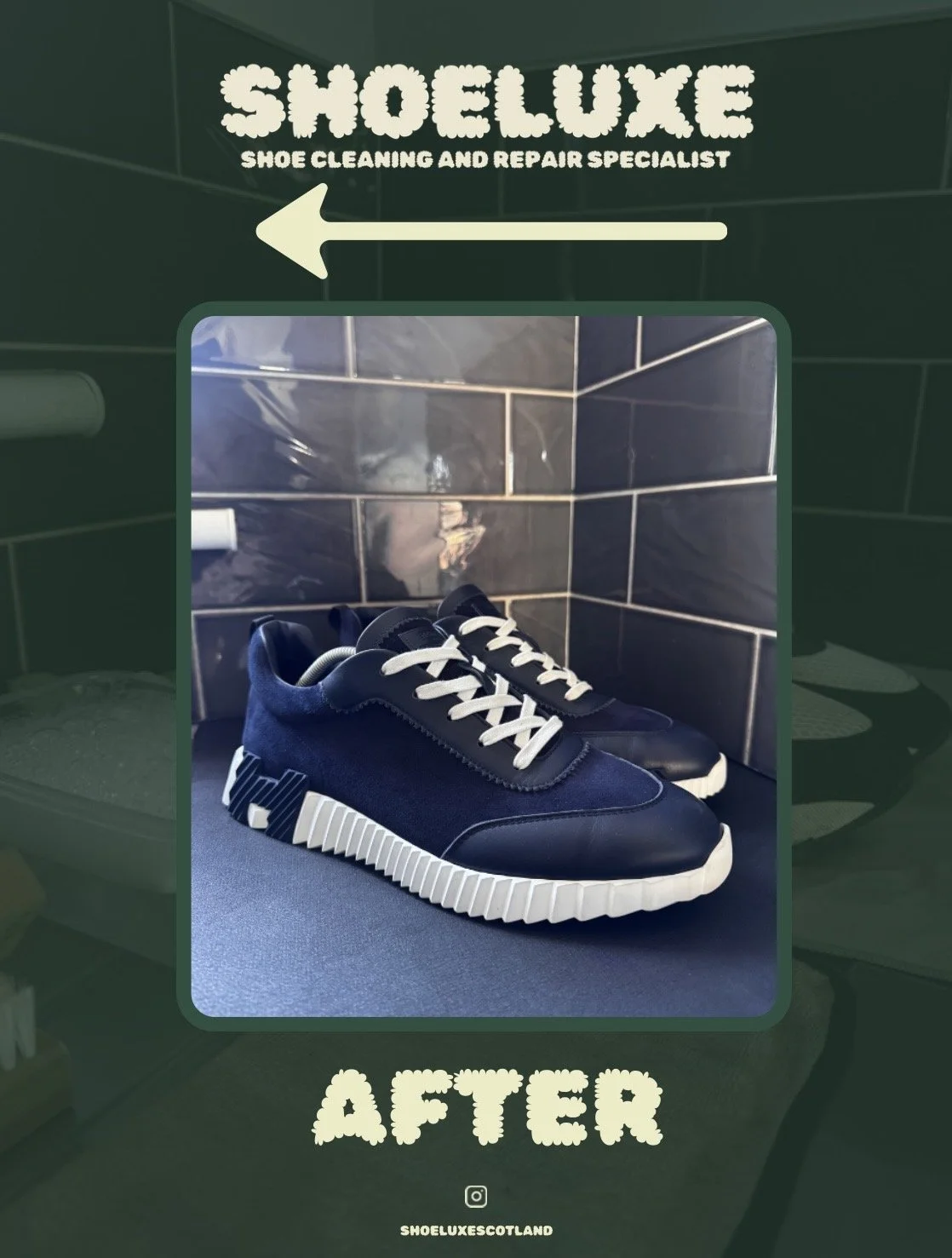 Pair of black and white sneakers displayed on a dark surface, with a tiled wall in the background.