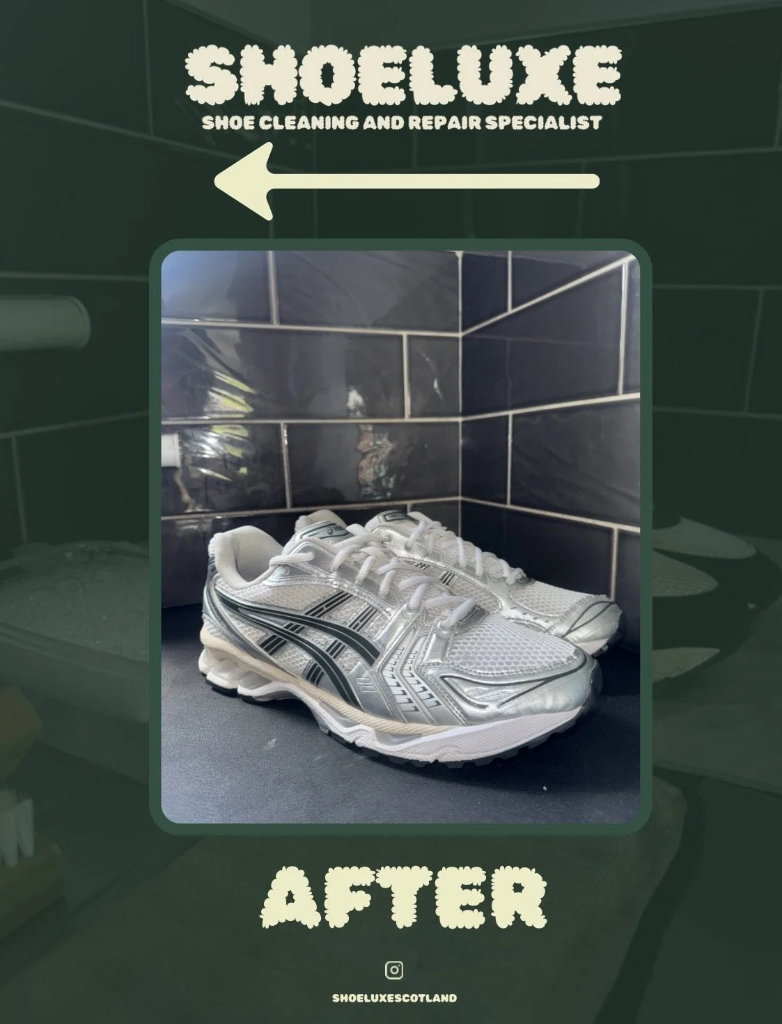 Pair of shiny, new white and silver athletic shoes placed on a black surface against a dark tiled background, with an inserted close-up image of the shoes, and overlay text indicating they are cleaned and repaired shoes from ShoeLuxe, a shoe cleaning