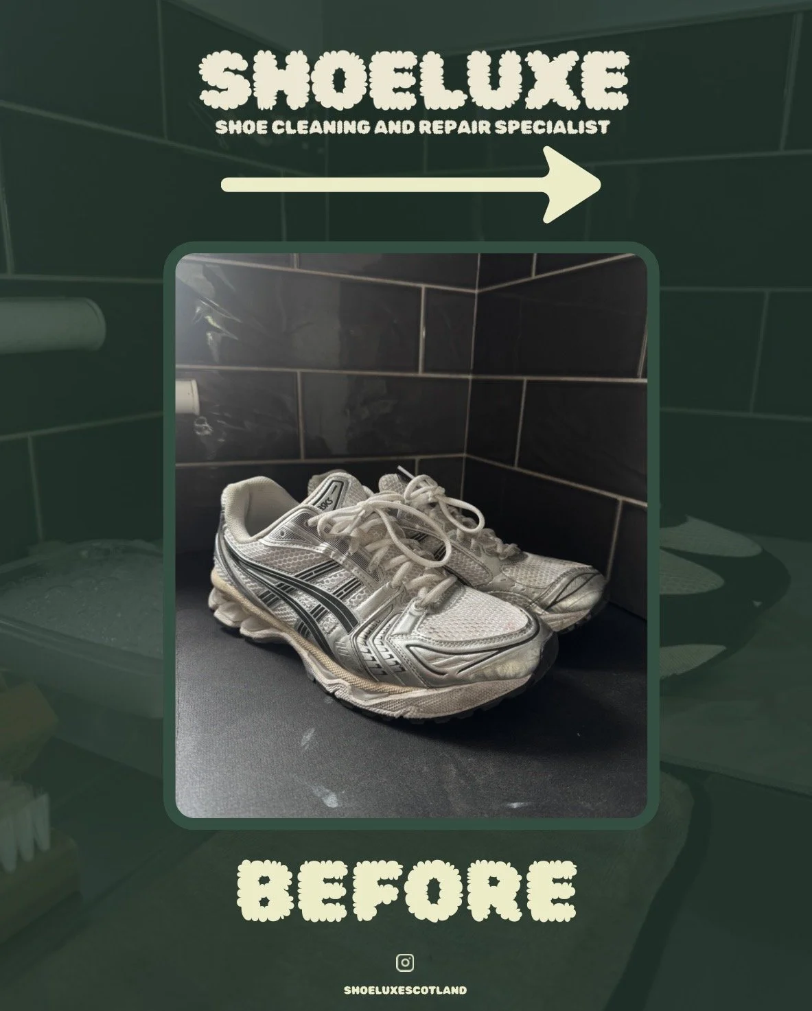 A pair of white and silver running shoes on a black surface. The background consists of black tiled walls. The image is labeled 'BEFORE' and appears to be part of a shoe cleaning or repair advertisement.