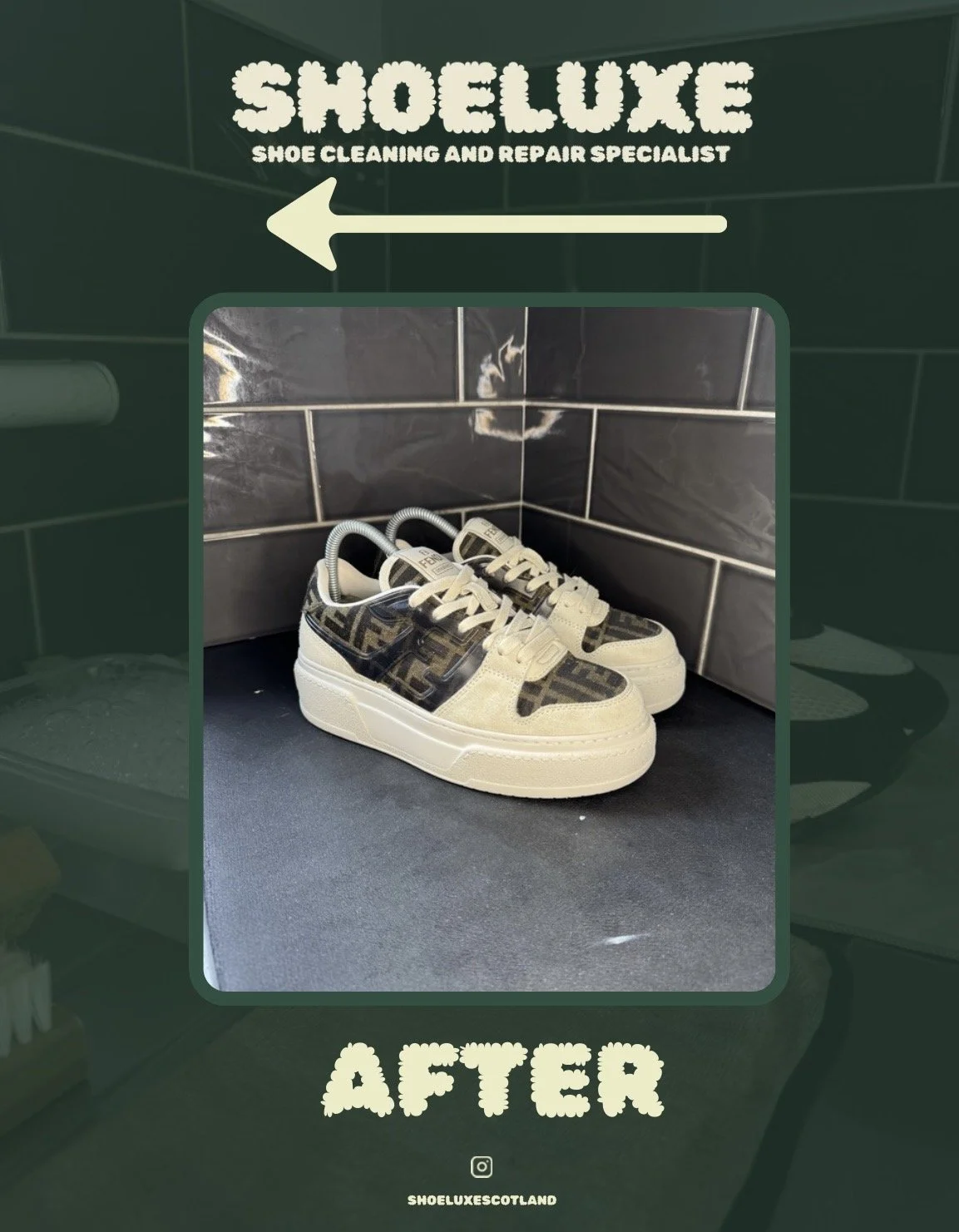 A pair of designer sneakers placed on a black surface with a dark tiled wall behind them. The sneakers feature a beige and black color scheme with a logo pattern on the side. The top of the image has text that reads "SHOELUXE SHOE CLEANING AND REPAIR