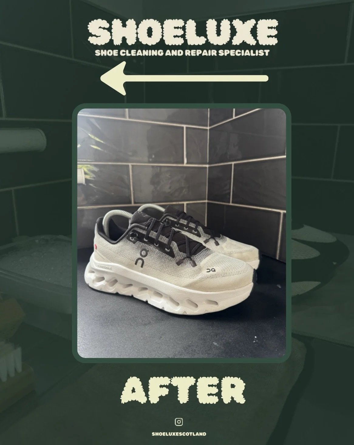 Pair of white and black athletic shoes with a hollow sole design, placed on a dark surface against a tiled wall background.