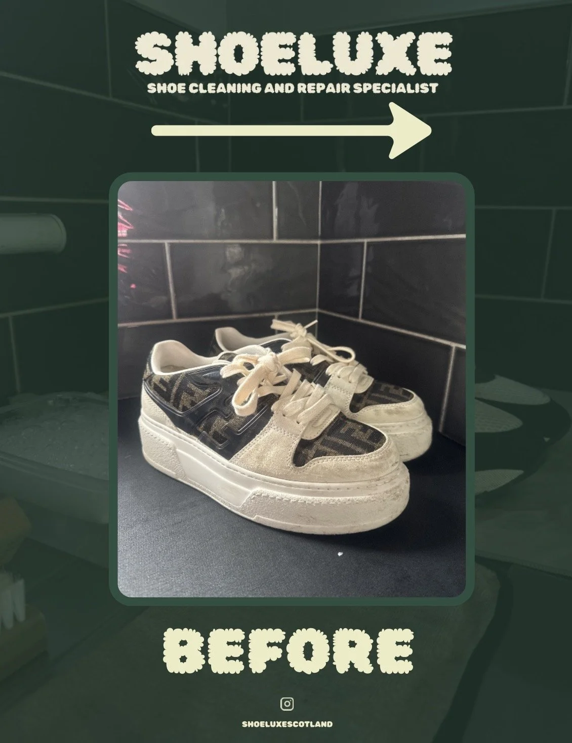 Pair of white and black sneakers on a black surface in front of a black tiled wall with white grout, with the words "BEFORE" written at the bottom.
