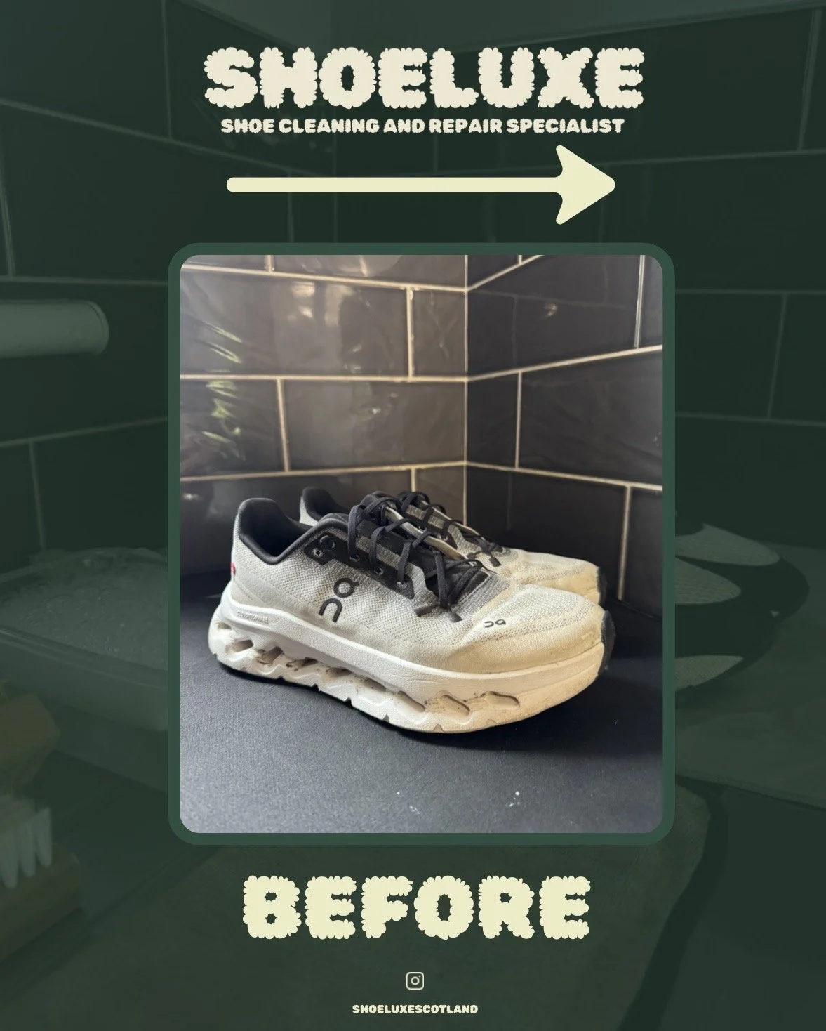 A pair of well-worn white athletic shoes with black laces and a visible sole, placed on a black surface against a tiled wall background. The image is part of a shoe cleaning and repair service advertisement.
