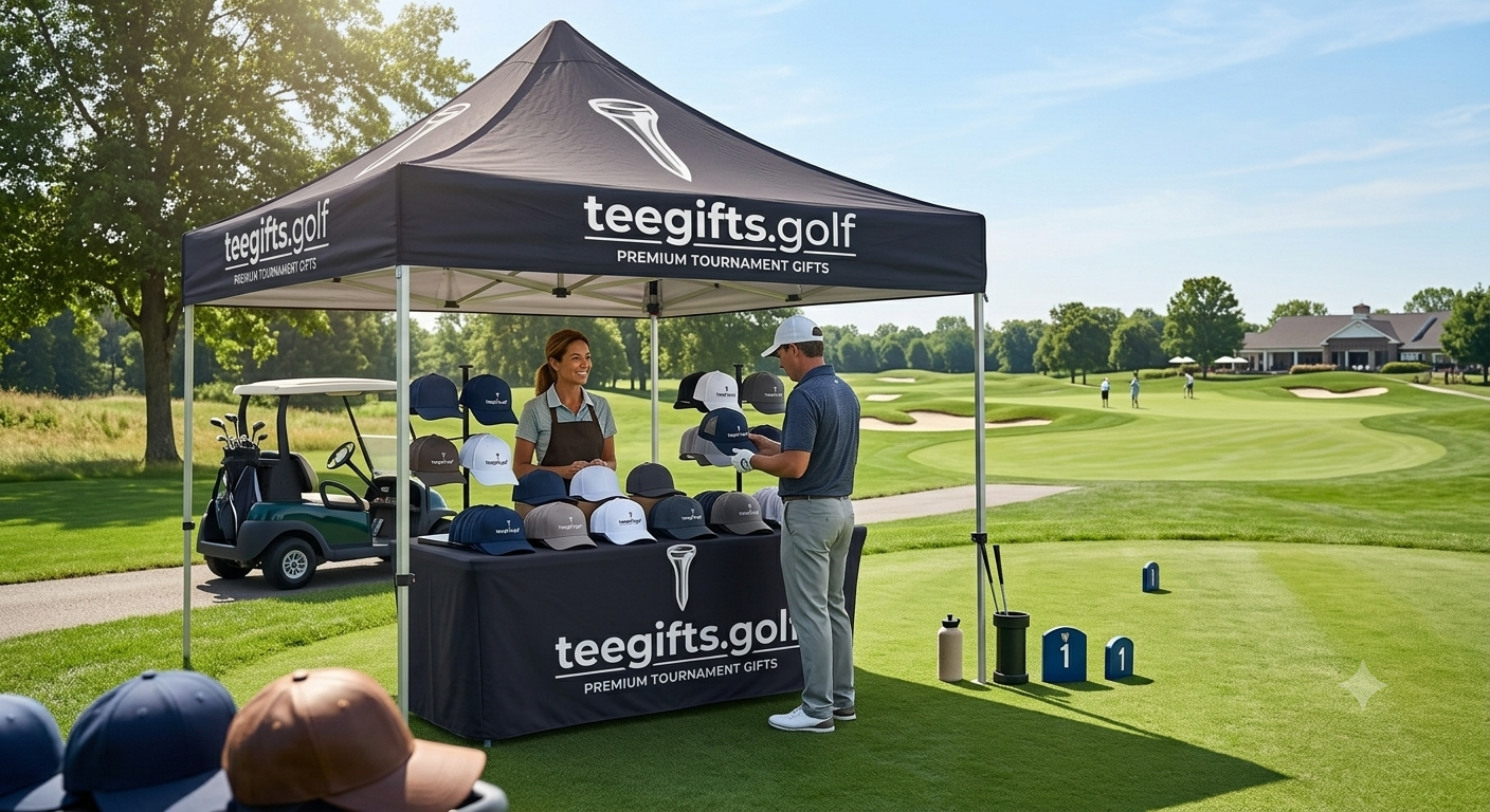 A man purchases golf hats from a vendor on a golf course. The vendor's stall has a canopy with the text 'teegifts.golf' and 'PREMIUM TOURNAMENT GIFTS.' The background shows a well-maintained golf course with sand traps, a large house, and three golfers in the distance.