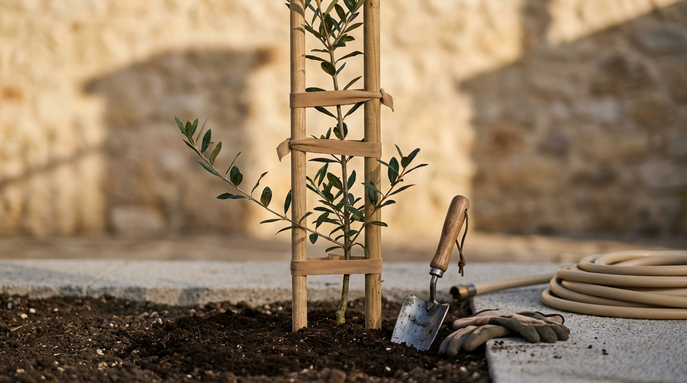 A young plant supported by a bamboo stake, gardening gloves, a trowel, and a coiled garden hose on a concrete surface with a stone wall background.