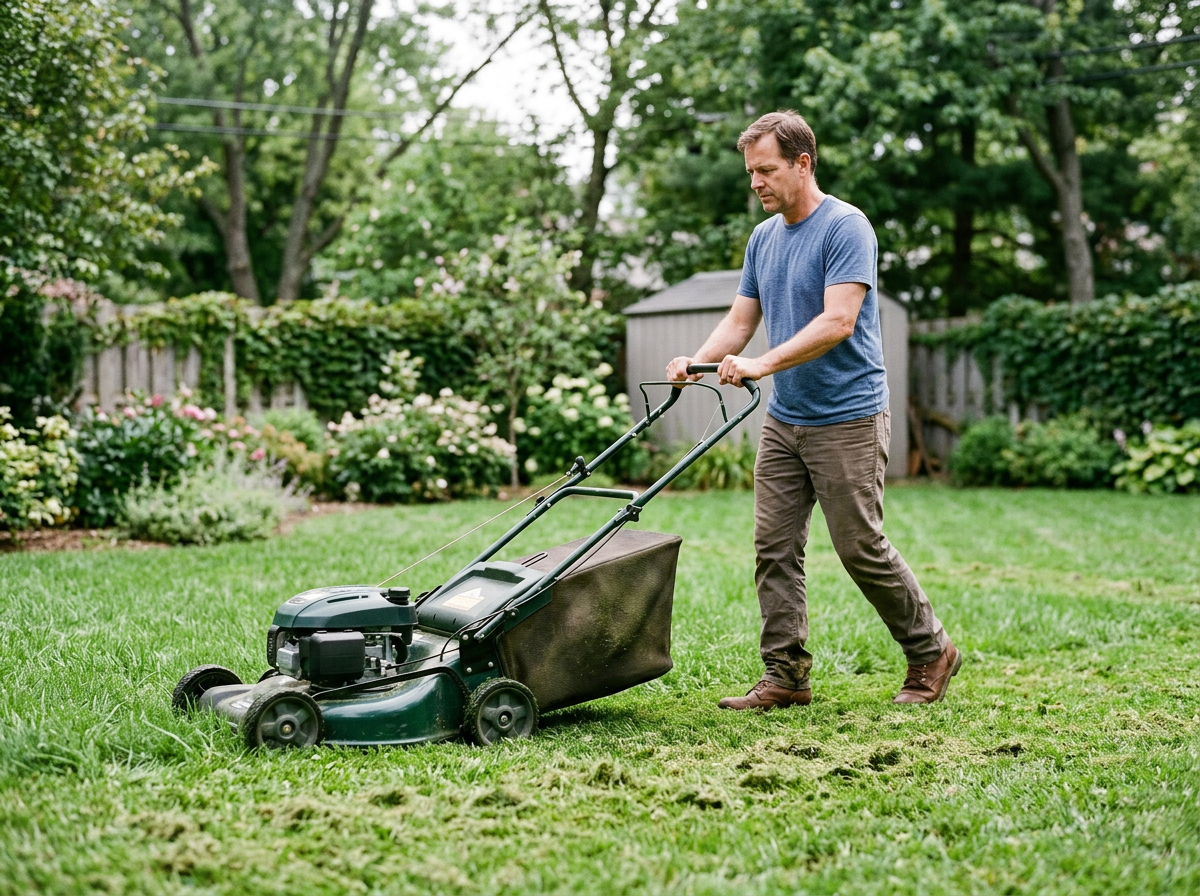 A man mowing a green lawn in a backyard with trees, shrubs, and a shed.