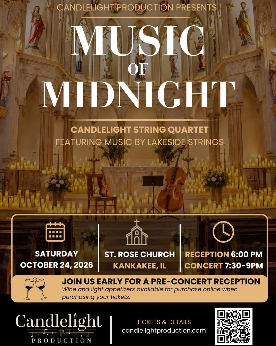 A magical evening of music awaits. 🎻✨

Candlelight Production presents Music of Midnight: Candlelight String Quartet, an enchanting live performance by Lakeside Strings.

Immerse yourself in a beautifully lit space filled with classical arrangements
