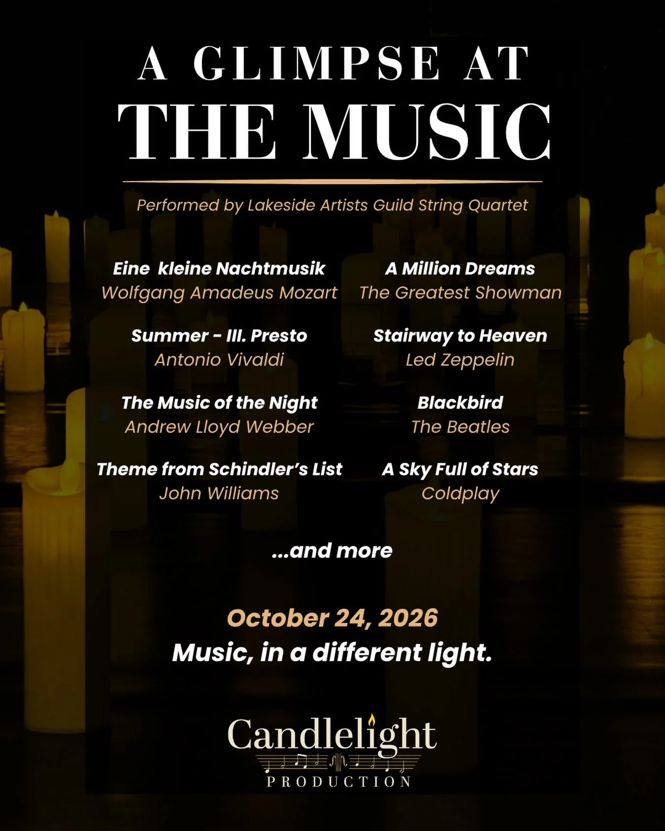 A little preview of what you&rsquo;ll hear at the event...

From classical favorites and film scores to Broadway and some unexpected favorites, Candlelight Production has curated a program that goes beyond the traditional concert experience, performe