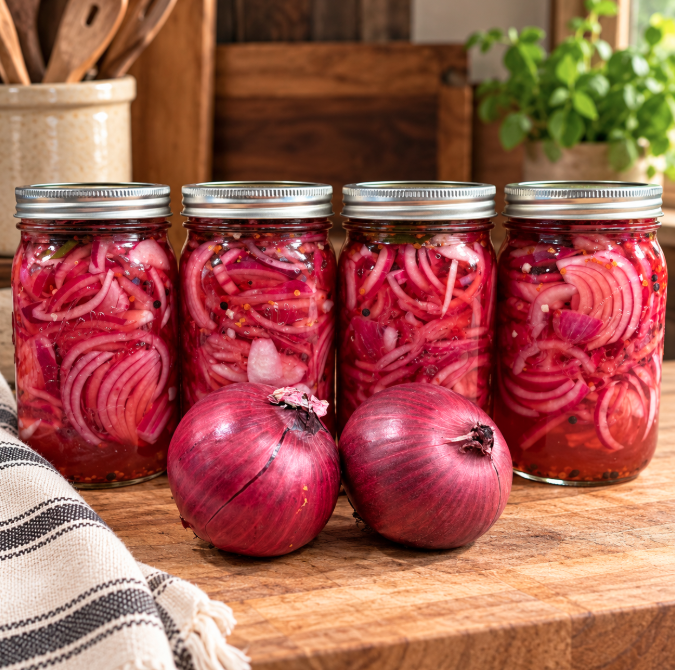 Homemade spicy pickled red onions with sliced jalapeños and seasonings packed into glass Mason jars.