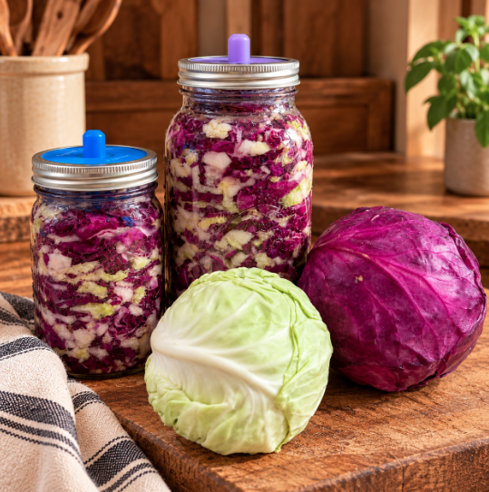 Homemade sauerkraut packed into glass Mason jars with freshly harvested garden cabbage on a rustic wooden kitchen counter.