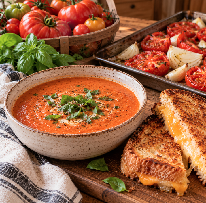 Creamy roasted tomato basil soup topped with fresh basil and served with a golden grilled cheese sandwich made from homemade no knead bread.