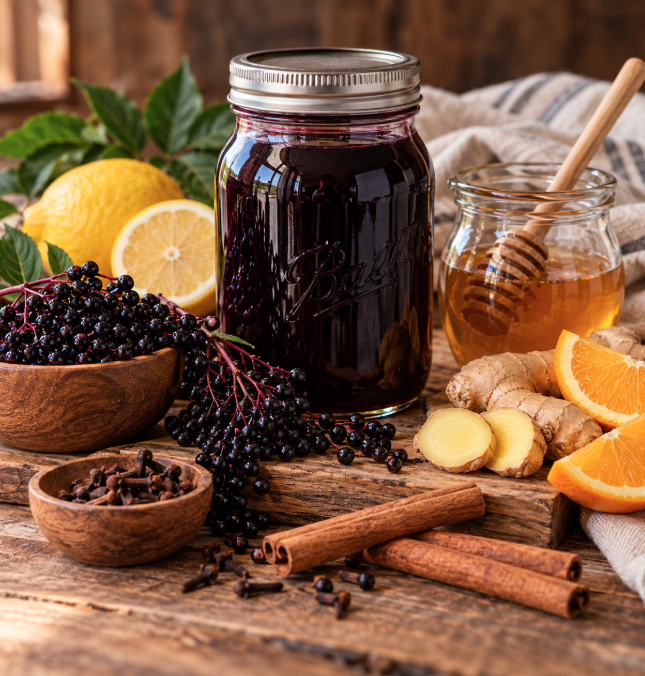 Homemade elderberry syrup with fresh elderberries, lemon, ginger, cloves, and honey