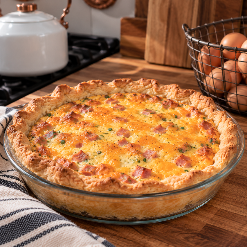 Golden homemade ham and cheddar quiche with fresh chives baked in a flaky pie crust, with a slice removed to reveal the creamy egg filling.