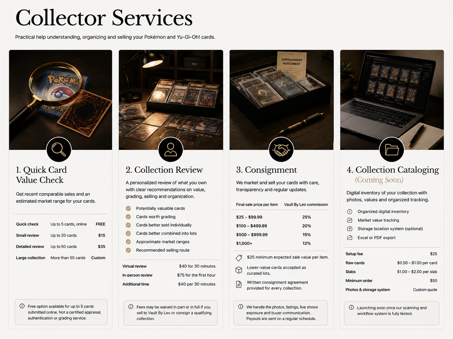 A promotional poster for collector services related to Pokémon and Yu-Gi-Oh! cards, featuring four sections: Quick Card Value Check with cards and a magnifying glass, Collection Review with organized cards under a lamp, Consignment with a box of cards and a pen, and Collection Cataloging with a laptop, pen, and notepad. Each section includes description and pricing details.