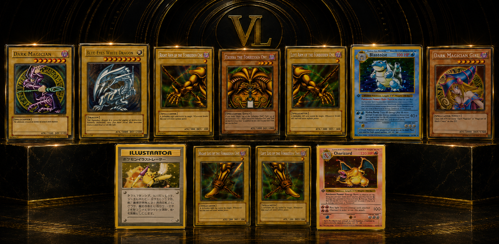 Collection of Yu-Gi-Oh! trading cards displayed on a black and gold background. The cards include Dark Magician, Blue-Eyes White Dragon, Right Arm and Left Arm of the Forbidden One, Exodia the Forbidden One, Dark Magician Girl, Blue-Eyes Ultimate Dragon, illustrator Pikachu, Right Leg and Left Leg of the Forbidden One, and Charizard.