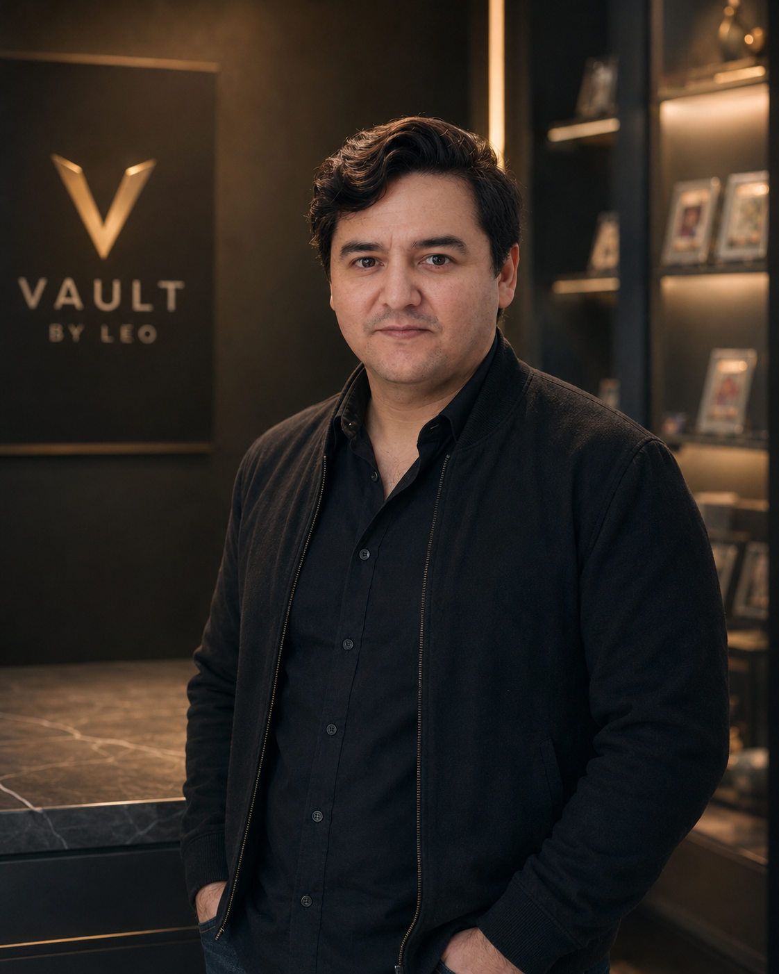 A man in a black jacket and shirt standing indoors near a sign that reads 'Vault by Leo' and a display shelf with framed photos.