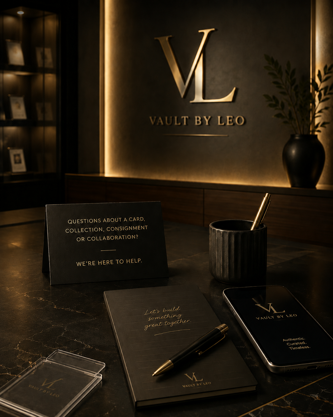 Reception desk with Vault by Leo branding, a sign asking about card and collaboration questions, a notebook with a pen, a smartphone, and a black cup with a gold pen, in a modern office environment with dark decor and minimal lighting.