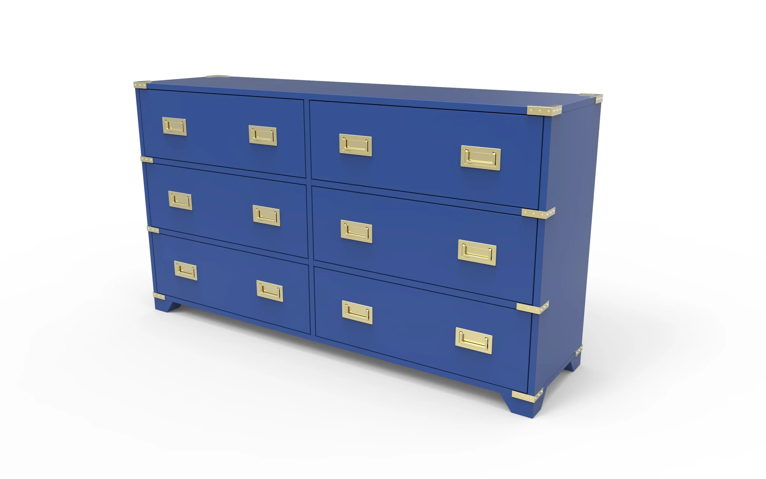 Blue wide dresser with multiple drawers, gold handles, corner hardware, and short feet