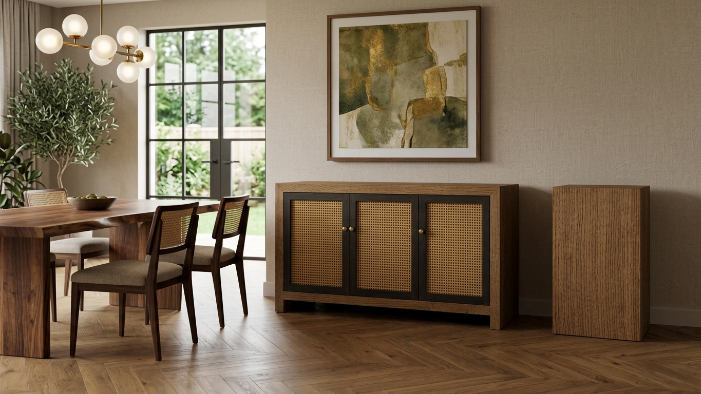 Warm modern dining room with a wood table, cane-back chairs, rattan-front sideboard, abstract artwork, plants, and globe pendant lighting.