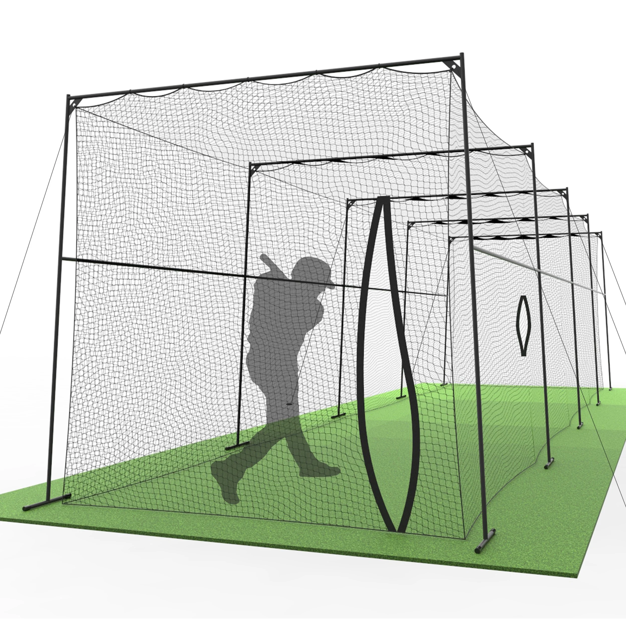 Illustration of a baseball training facility with multiple batting cages, netting, artificial turf, and a batter silhouette.