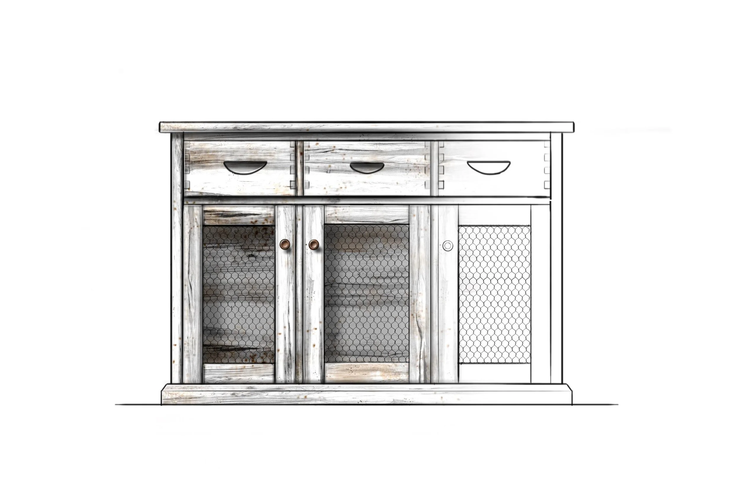 Distressed whitewashed wood sideboard cabinet with three drawers and chicken-wire mesh doors