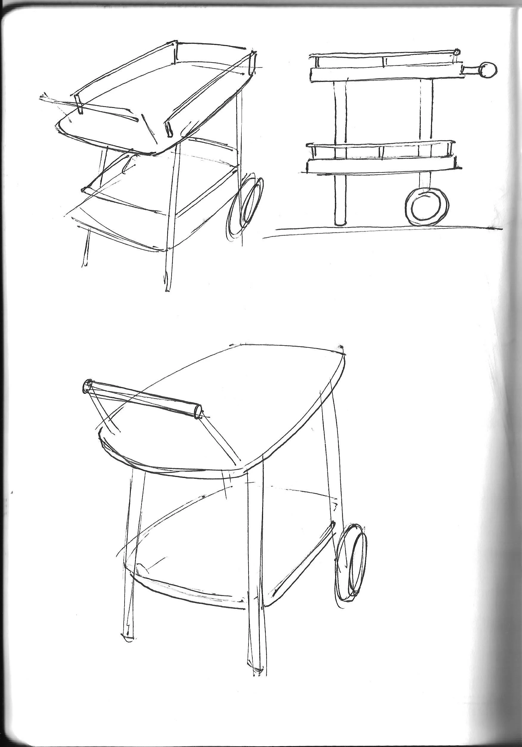 Hand-drawn sketches of a wheeled two-tier cart with a hinged canopy, shown in perspective and side views.