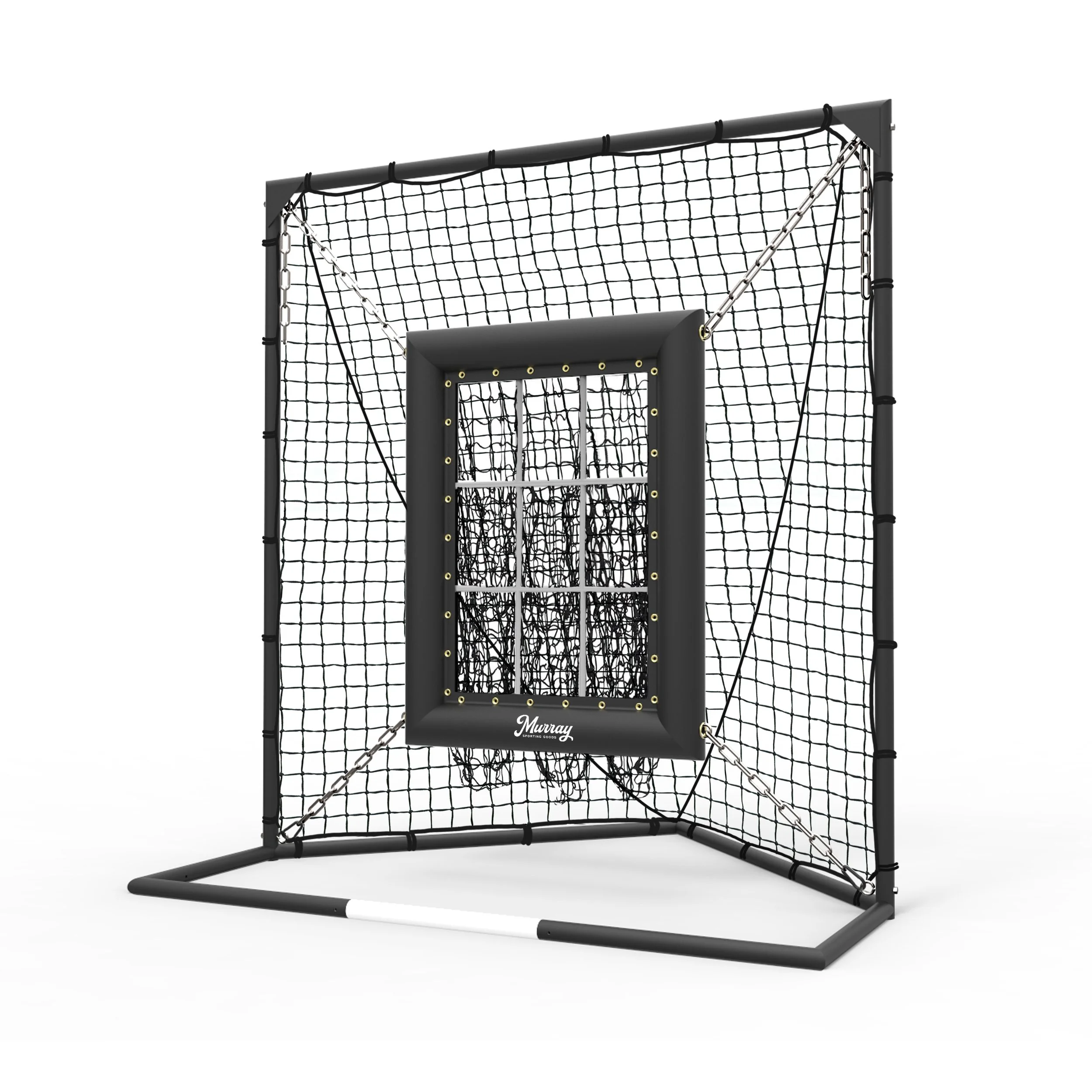 Murray portable baseball pitching target framed by a protective practice net