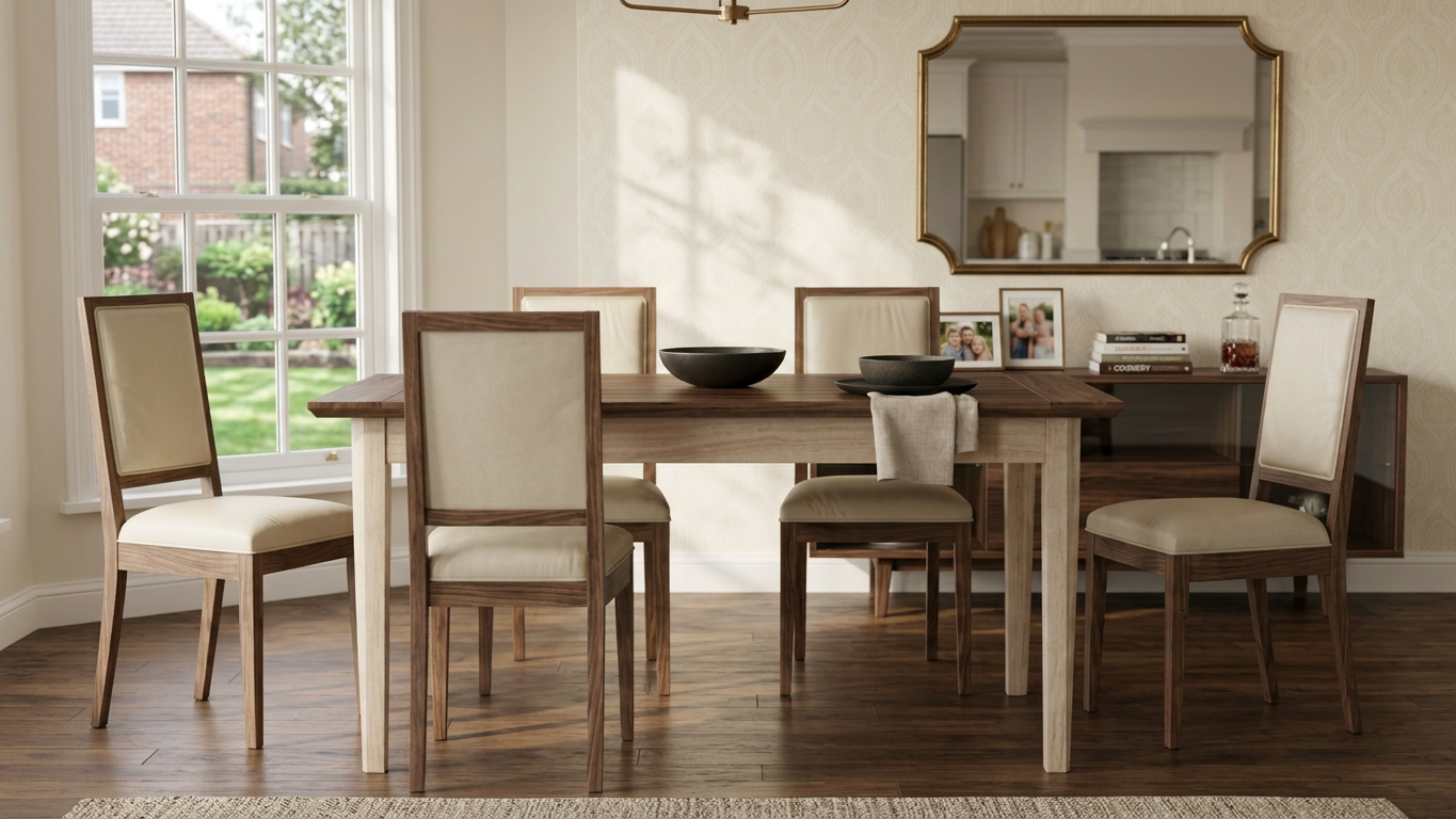 Bright dining room with a wooden table, six upholstered chairs, decorative bowls, framed family photos, and a large wall mirror